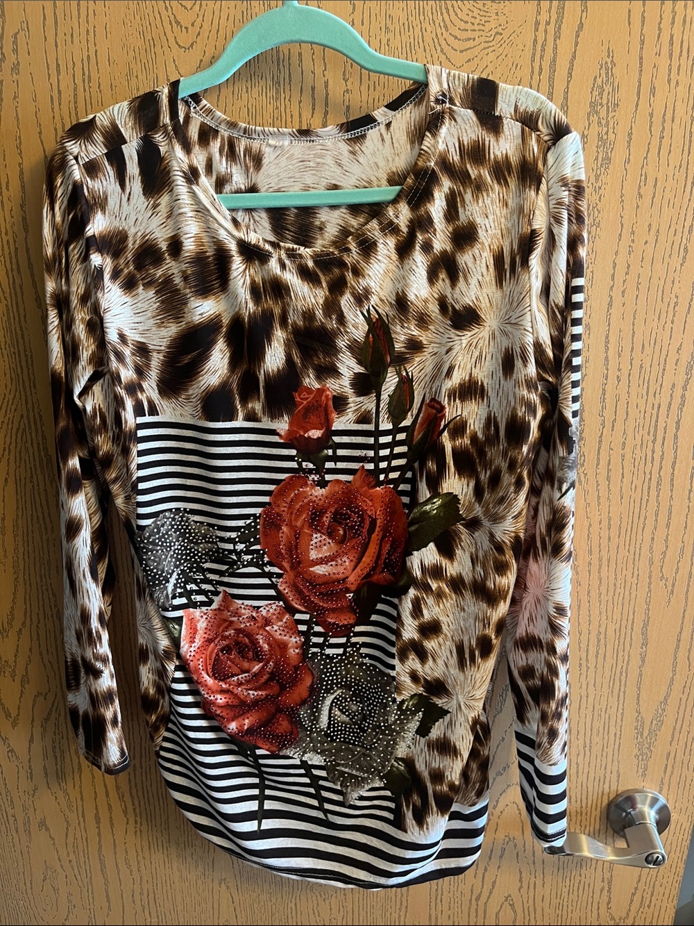 Women's Y2K inspired Leopard Print Long-Sleeve Top with Red Rose Detail